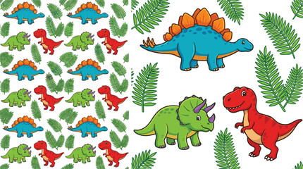 Cute Cartoon Dinosaur Seamless Pattern and Vector Character Set with Tyrannosaurus Rex Triceratops Stegosaurus and Tropical Green Leaves for Children Fabric Textile Designs © MD