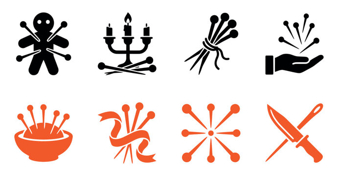 Set of black and orange voodoo doll and magic ritual icons with pins needles candles and occult symbols Vector, illustration