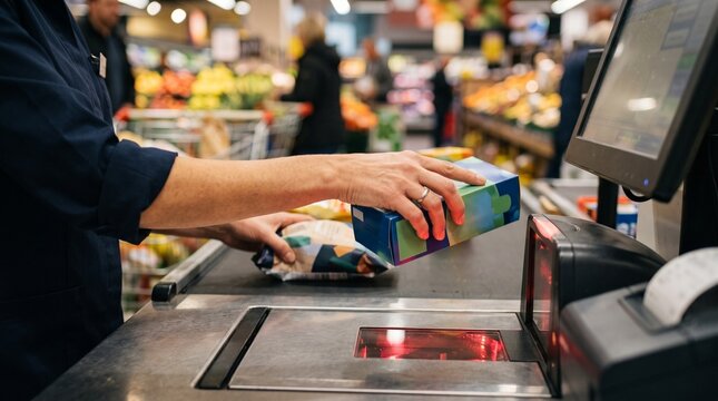 Cashier hands scanning grocery items at a supermarket checkout counter in a busy retail environment