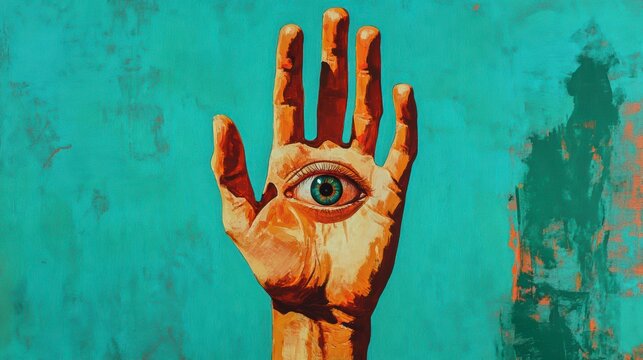Painting of a hand with an eye in the palm against a teal background.