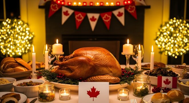 Roasted turkey for Canadian Thanksgiving dinner. Festive holiday meal with maple leaf decor. Feast