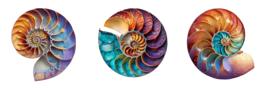 Set of Assortment of nautilus shells in various natural sizes on transparent png background. Ai generated