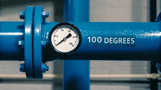 Blue industrial pipe with white and black thermometer displaying 100 degrees, ideal for engineering and temperature monitoring concepts