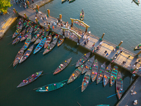 Aerial panoramic view of Hoi An city, Da Nang province, Vietnam. Panoramic footage of Hoian ancient town, UNESCO world heritage. One of the most travel popular touristic destinations 
