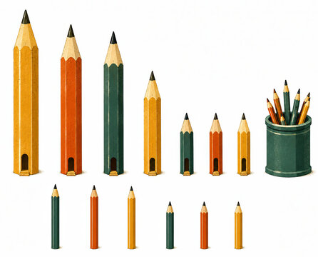 Creative colored pencils designed as miniature architectural tower buildings and houses