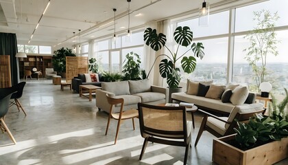 Fototapeta premium Modern coworking space with natural light and plants
