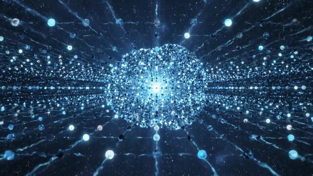 Abstract digital network with a bright central core surrounded by floating geometric shapes and shimmering blue light particles in a dark void