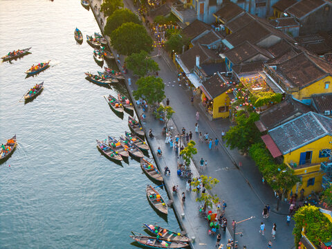 Aerial panoramic view of Hoi An city, Da Nang province, Vietnam. Panoramic footage of Hoian ancient town, UNESCO world heritage. One of the most travel popular touristic destinations 
