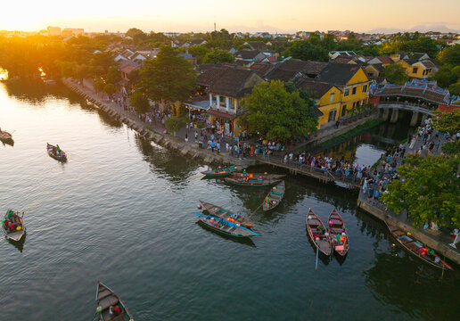 Aerial panoramic view of Hoi An city, Da Nang province, Vietnam. Panoramic footage of Hoian ancient town, UNESCO world heritage. One of the most travel popular touristic destinations 
