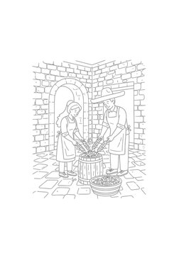 Medieval blacksmiths working in a stone forge.