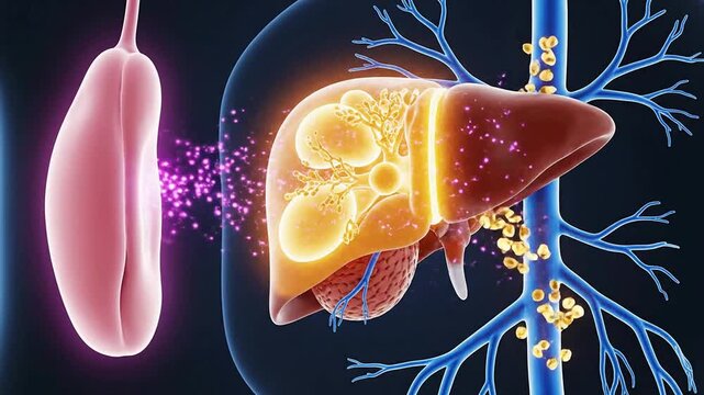 Glucagon Liver Response Concept Featuring Alpha-Cell Activity and Metabolic Functions in a Digital Medical Illustration
