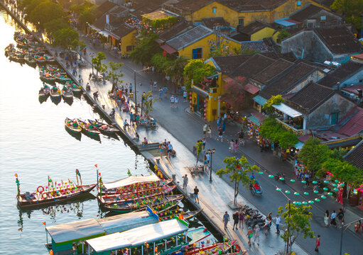 Aerial panoramic view of Hoi An city, Da Nang province, Vietnam. Panoramic footage of Hoian ancient town, UNESCO world heritage. One of the most travel popular touristic destinations 
