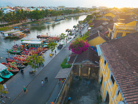 Aerial panoramic view of Hoi An city, Da Nang province, Vietnam. Panoramic footage of Hoian ancient town, UNESCO world heritage. One of the most travel popular touristic destinations 
