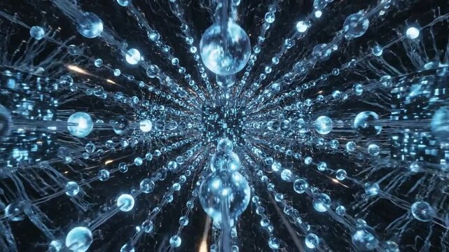 Futuristic digital tunnel with glowing blue rectangular blocks and abstract liquid moving towards a bright central light source