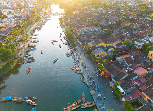 Aerial panoramic view of Hoi An city, Da Nang province, Vietnam. Panoramic footage of Hoian ancient town, UNESCO world heritage. One of the most travel popular touristic destinations 
