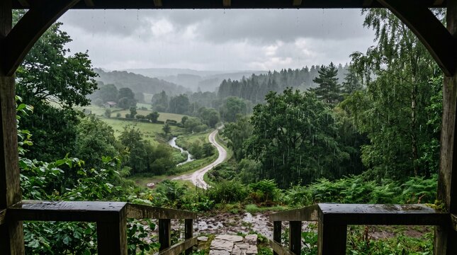 Scenic Mountain Lake View with Forest River and Winding Rural Road Under Summer Clouds in the Green Countryside