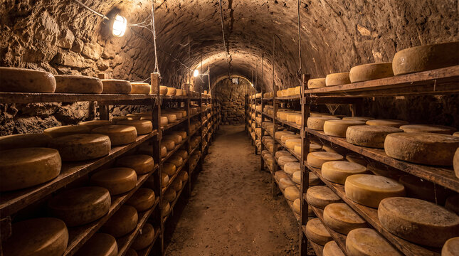 a dark, humid underground aging cave, wooden shelves lined with hundreds of round wheels of aging cheese