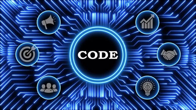 Digital technology background with animated circuit board and abstract code concept.