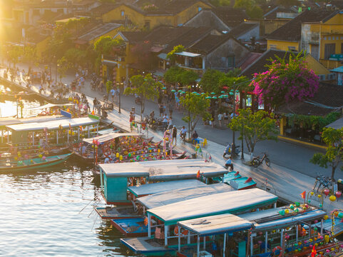 Aerial panoramic view of Hoi An city, Da Nang province, Vietnam. Panoramic footage of Hoian ancient town, UNESCO world heritage. One of the most travel popular touristic destinations 
