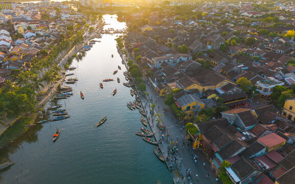 Aerial panoramic view of Hoi An city, Da Nang province, Vietnam. Panoramic footage of Hoian ancient town, UNESCO world heritage. One of the most travel popular touristic destinations 
