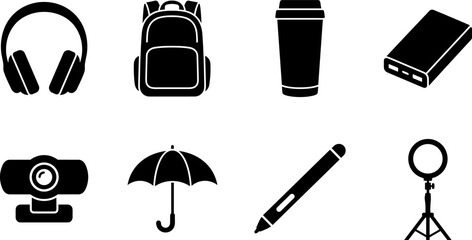 Essential lifestyle and technology icons showing travel, productivity, creativity, and everyday accessories in silhouette vector style © creativeDesigner2023