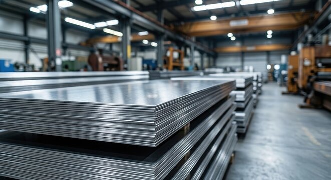 Large stack of shiny aluminum steel metal sheets in a modern industrial manufacturing factory. Heavy metallurgy warehouse interior background. Perfect for construction business.