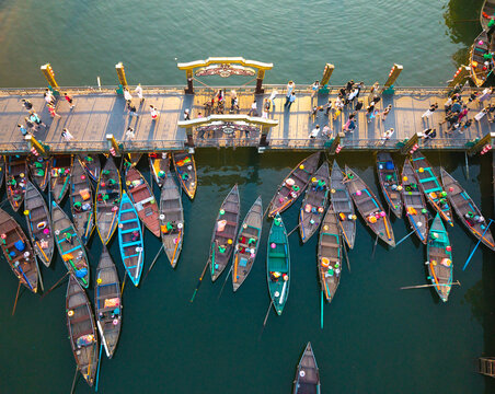Aerial panoramic view of Hoi An city, Da Nang province, Vietnam. Panoramic footage of Hoian ancient town, UNESCO world heritage. One of the most travel popular touristic destinations 
