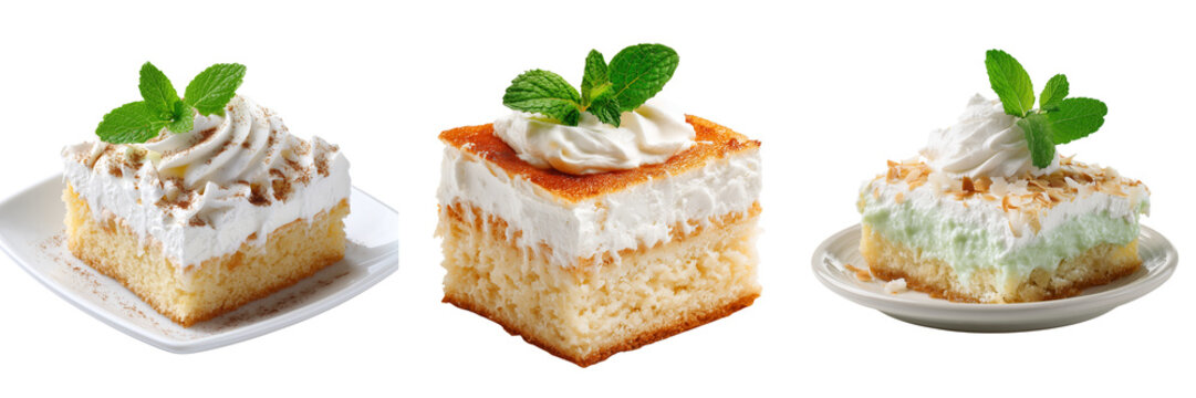 Set of Squar homemade cream cake garnished with fresh  light whipped  topping sliced to reveal fluffy layers and rich cream finish on transparent png background. Ai generated