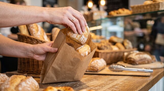 Hands placing fresh bread rolls into a paper bag at a local bakery shop in a warm rustic style