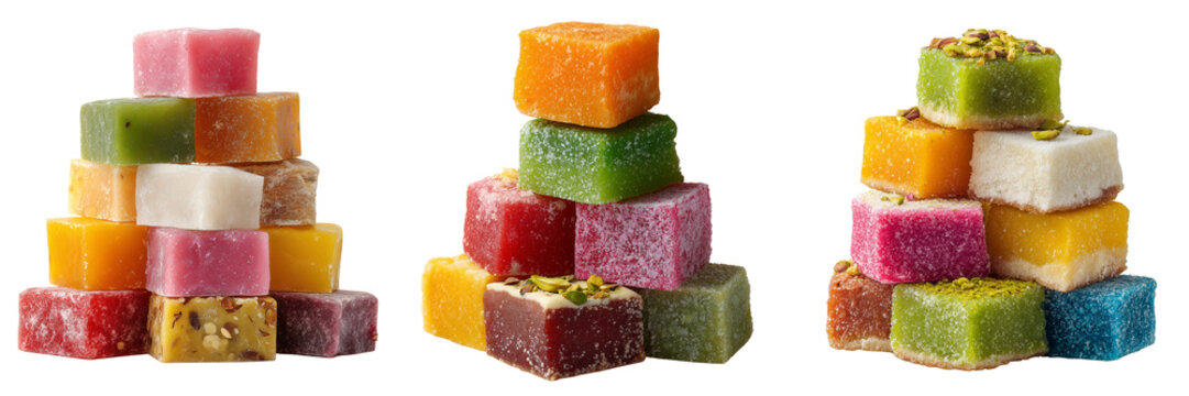 Set of Traditional milk fudge barfi cut into perfect squares and topped with chopped pistachios on transparent png background. Ai generated