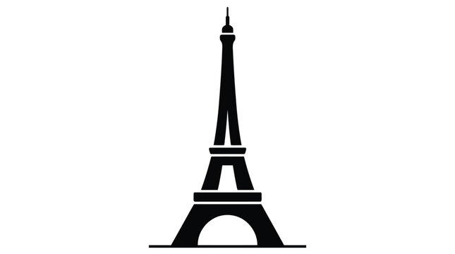 Minimalist black silhouette of the iconic Eiffel Tower structure isolated on a plain white background surface
