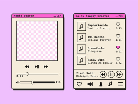 Retro vaporwave-style music player interface with playlist and audio controls in 90s desktop app window. Synthwave aesthetic UI elements and nostalgic digital layout. Flat Style Vector Illustration.