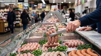 Obraz premium Person using metal tongs to select fresh raw sausages from a refrigerated display case in a store