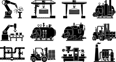 Obraz premium Industrial manufacturing and logistics black silhouette icon set featuring factory automation, robotic arms, forklifts, cranes, and heavy machinery.