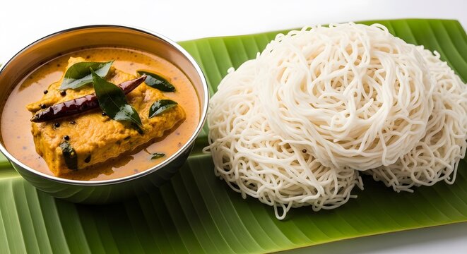 Idiyappam with egg curry on a banana leaf