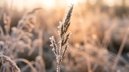Obraz premium Closeup of a frosted plant in a field during sunrise showcasing the delicate ice crystals on its surface.