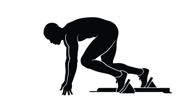 Black silhouette of a male sprinter in a crouching position on starting blocks ready race