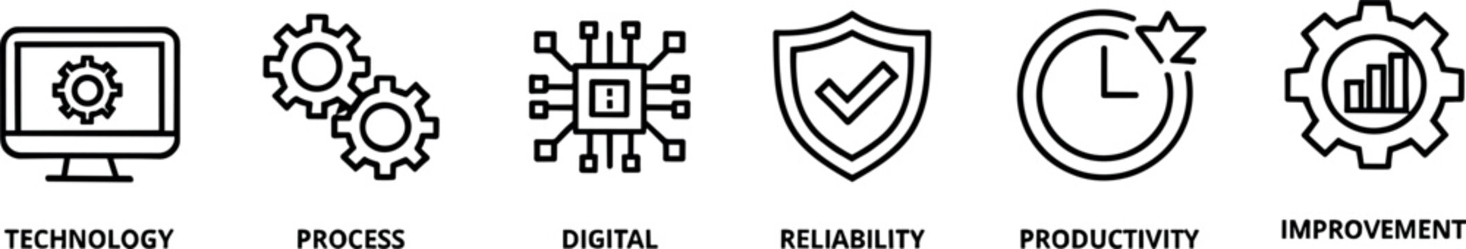 Business development and technology line icon set with process digital reliability productivity and improvement symbols