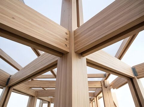 Low Angle View of Modern Timber Frame Construction | Mass Timber Building Structure with Complex Wood Joints | Engineered Glulam Beams Intersecting at Central Support Column 