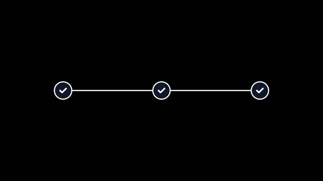 Clean animated 3 step progress bar checklist, sequential timeline milestone checkmark loop