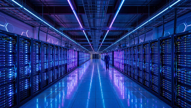 A man walks through a large data center with rows of computer servers and blue and purple lighting on the floor and walls.