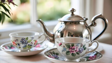 Fototapeta premium A polished silver teapot sits beside two floral patterned teacups on saucers near a bright window