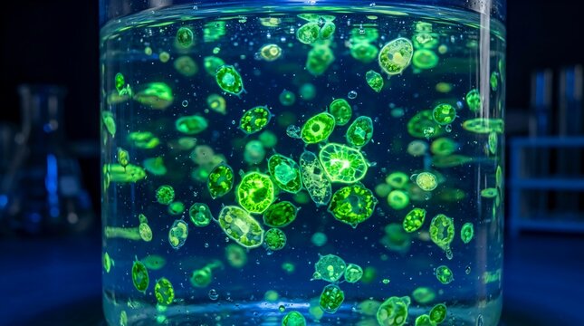 Microscopic green algae cells in liquid culture