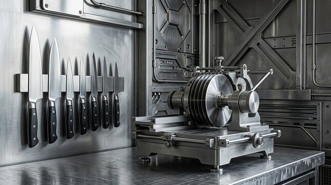 Industrial kitchen with magnetic knife rack and slicer