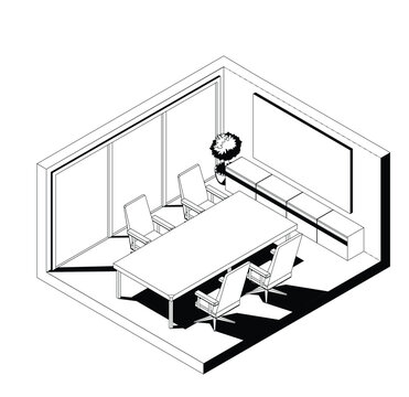 Isometric conference room line art vector illustration with architectural interior outline