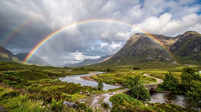 Vibrant Rainbow Over Green Mountain Valley with Lake Forest and Clouds in the Scottish Highlands Summer Landscape Panorama