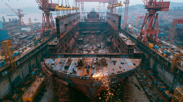 Large ship under construction in a dry dock at a shipyard with sparks flying