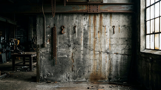 Interior photo of an abandoned industrial factory workshop with weathered concrete walls and rusty chains