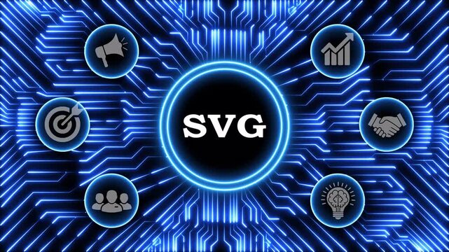 Scalable vector graphics svg concept shown on glowing blue circuit background.