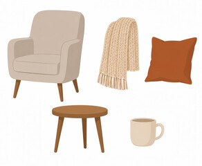 Fototapeta premium Cozy armchair with knitted blanket and pillow furniture vector elements isolated set